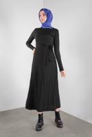 Tesettür giyim SİYAH ETEĞİ PİLELİ DÜĞMELİ TRİKO ELBİSE 41031 