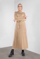 Tesettür giyim KAHVE ETEĞİ PİLELİ DÜĞMELİ TRİKO ELBİSE 41031 