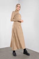 Tesettür giyim KAHVE ETEĞİ PİLELİ DÜĞMELİ TRİKO ELBİSE 41031 