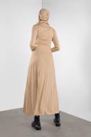 Tesettür giyim KAHVE ETEĞİ PİLELİ DÜĞMELİ TRİKO ELBİSE 41031 