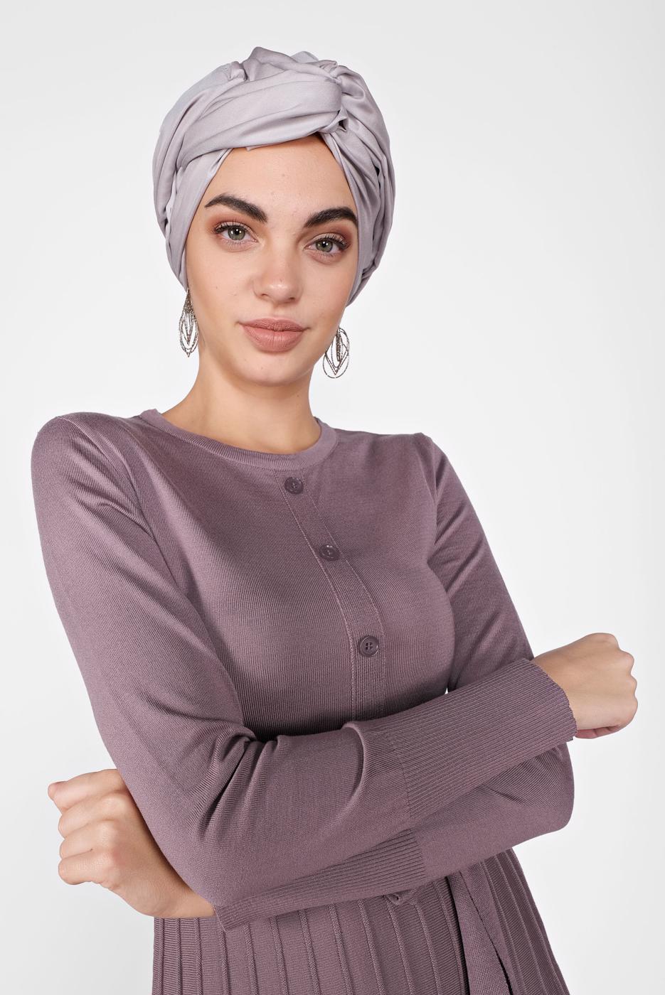 Tesettür giyim MOR ETEĞİ PİLELİ DÜĞMELİ TRİKO ELBİSE 41031 