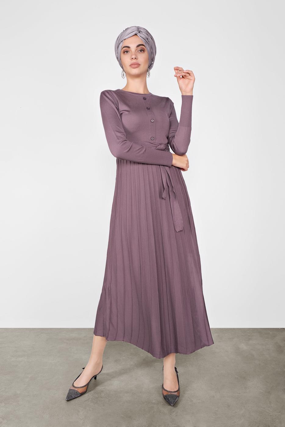 Tesettür giyim MOR ETEĞİ PİLELİ DÜĞMELİ TRİKO ELBİSE 41031 