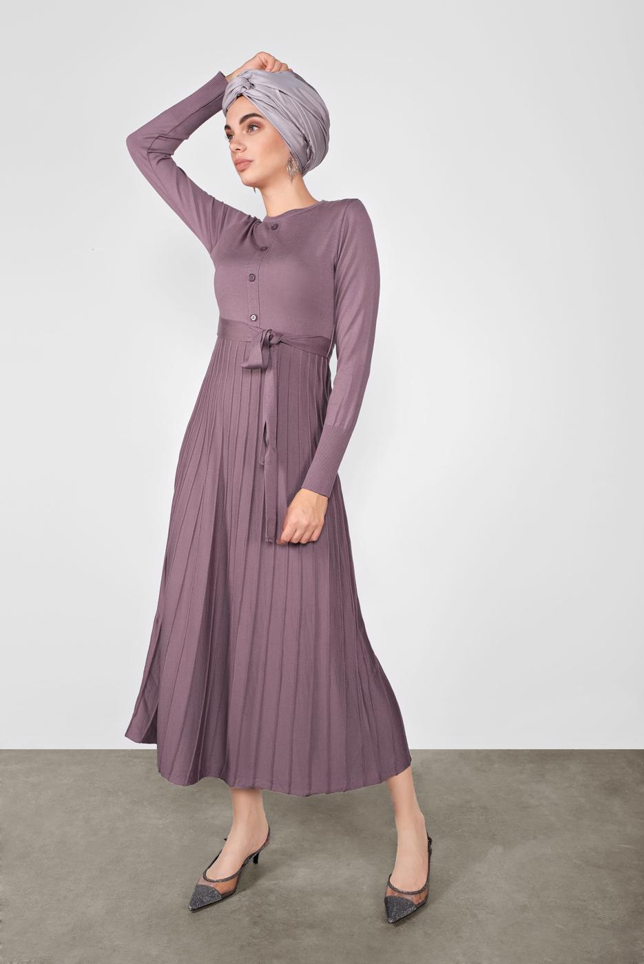 Tesettür giyim MOR ETEĞİ PİLELİ DÜĞMELİ TRİKO ELBİSE 41031 