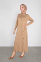 Tesettür giyim KAHVE DÜĞME DETAYLI TRİKO ELBİSE 41032 