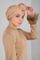 Tesettür giyim KAHVE MANŞETLERİ KÜRKLÜ İŞLEMELİ TRİKO ELBİSE 41034 