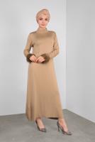 Tesettür giyim KAHVE MANŞETLERİ KÜRKLÜ İŞLEMELİ TRİKO ELBİSE 41034 