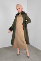 Tesettür giyim KAHVE MANŞETLERİ KÜRKLÜ İŞLEMELİ TRİKO ELBİSE 41034 