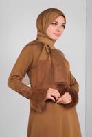 Tesettür giyim TABA MANŞETLERİ KÜRKLÜ İŞLEMELİ TRİKO ELBİSE 41034 