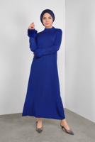 Tesettür giyim LACİVERT MANŞETLERİ KÜRKLÜ İŞLEMELİ TRİKO ELBİSE 41034 