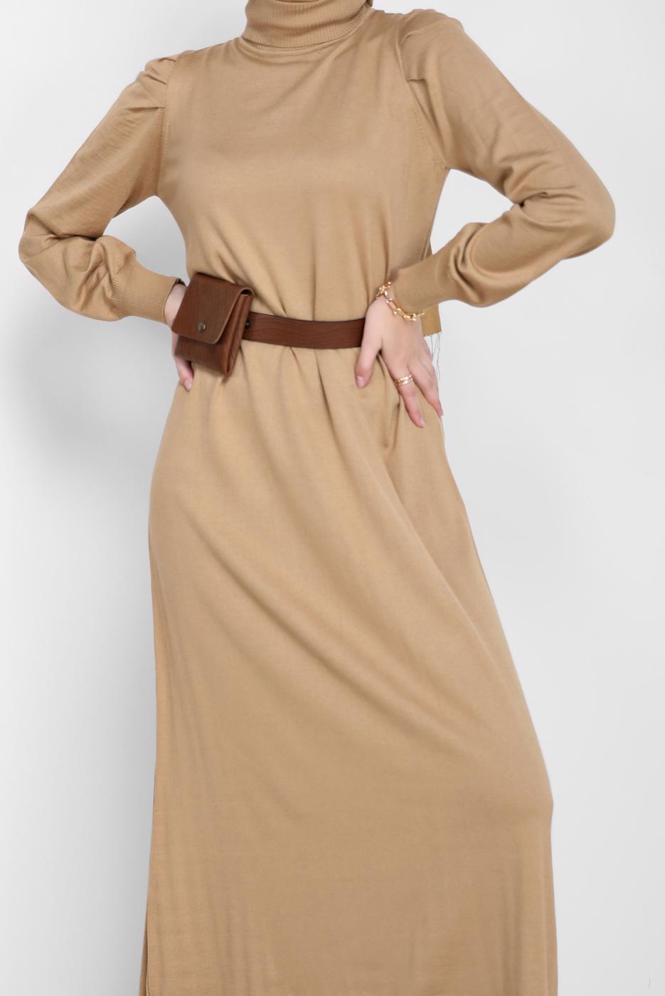 Tesettür giyim KAHVE ALVİNA TRİKO ELBİSE T 42061