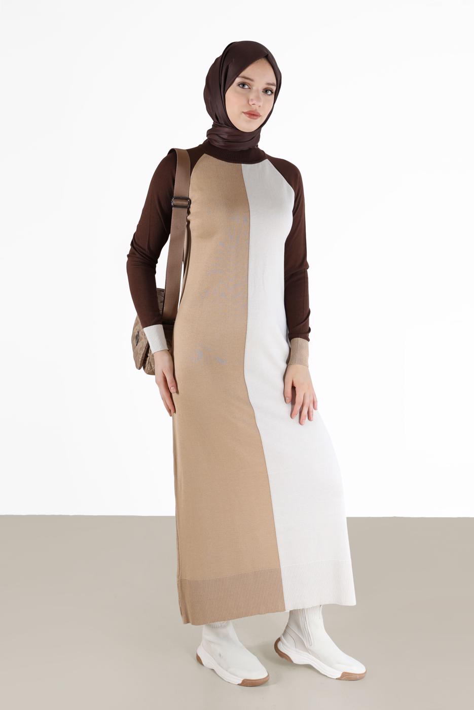 Tesettür giyim KAHVE ALVİNA ÜÇ RENKLİ TRİKO ELBİSE T 42084