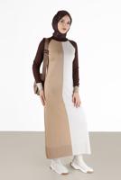 Tesettür giyim KAHVE ALVİNA ÜÇ RENKLİ TRİKO ELBİSE T 42084