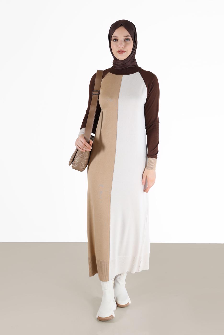 Tesettür giyim KAHVE ALVİNA ÜÇ RENKLİ TRİKO ELBİSE T 42084