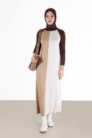Tesettür giyim KAHVE ALVİNA ÜÇ RENKLİ TRİKO ELBİSE T 42084