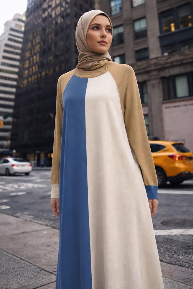 Tesettür giyim LACİVERT ALVİNA ÜÇ RENKLİ TRİKO ELBİSE T 42084 - TRENDTESETTÜR