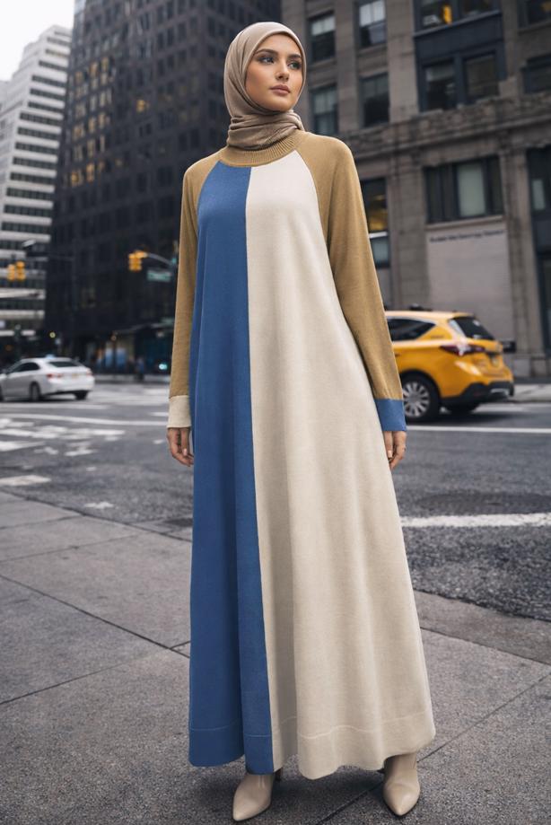 Tesettür giyim LACİVERT ALVİNA ÜÇ RENKLİ TRİKO ELBİSE T 42084 - TRENDTESETTÜR