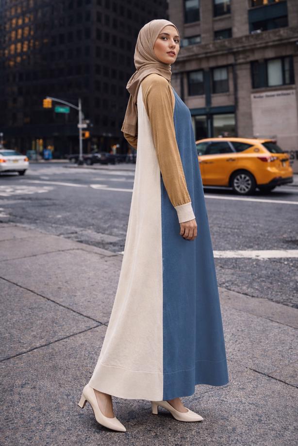 Tesettür giyim LACİVERT ALVİNA ÜÇ RENKLİ TRİKO ELBİSE T 42084 - TRENDTESETTÜR