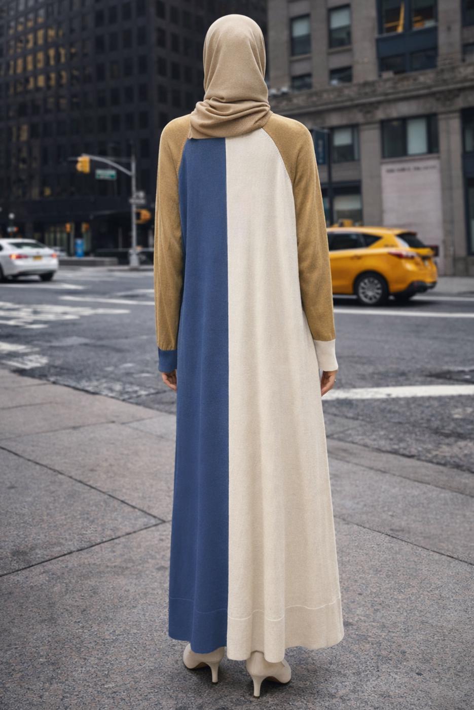 Tesettür giyim LACİVERT ALVİNA ÜÇ RENKLİ TRİKO ELBİSE T 42084