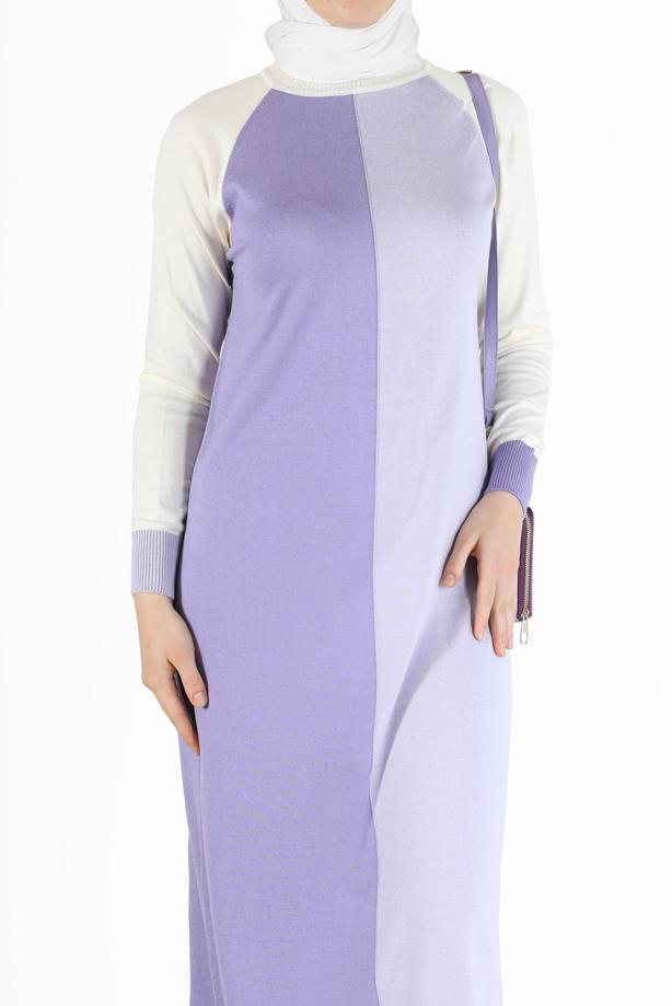 Tesettür giyim MOR ALVİNA ÜÇ RENKLİ TRİKO ELBİSE T 42084 - TRENDTESETTÜR