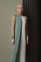 Tesettür giyim YEŞİL ALVİNA ÜÇ RENKLİ TRİKO ELBİSE T 42084