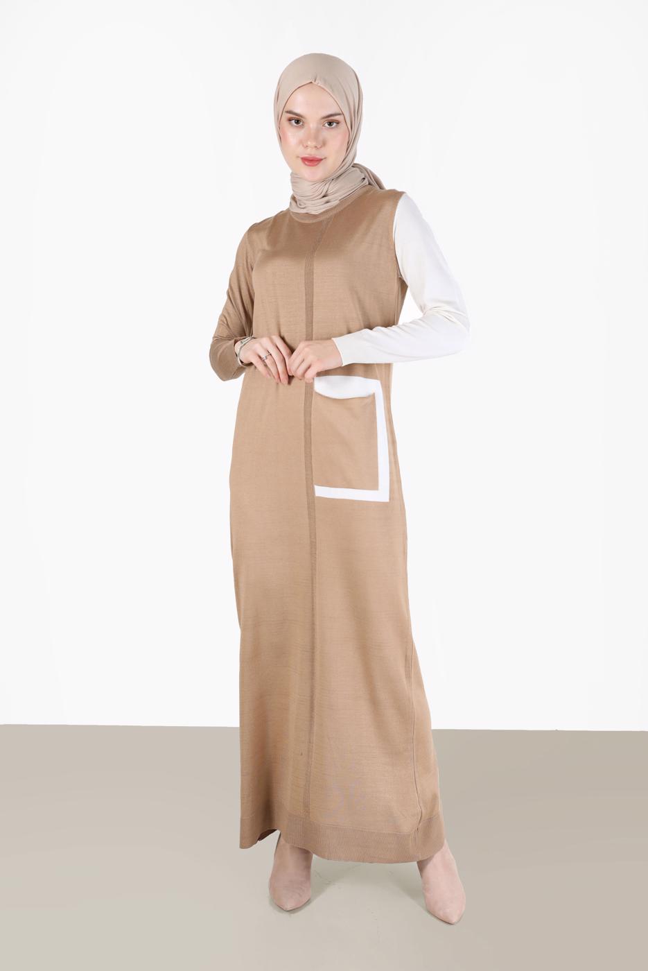 Tesettür giyim KAHVE ALVİNA TRİKO ELBİSE T 42115