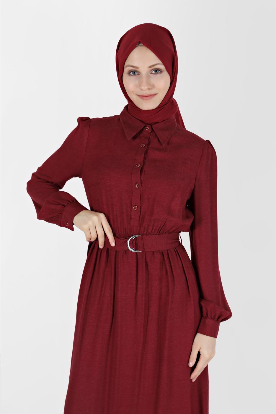 Tesettür giyim KIRMIZI ALVİNA GÖMLEK YAKA ELBİSE T 42268-1