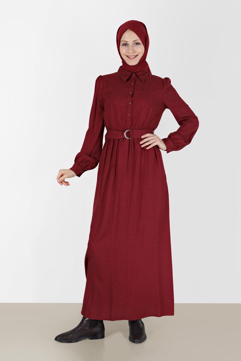 Tesettür giyim KIRMIZI ALVİNA GÖMLEK YAKA ELBİSE T 42268-1