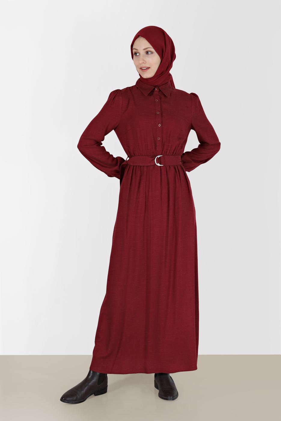 Tesettür giyim KIRMIZI ALVİNA GÖMLEK YAKA ELBİSE T 42268-1