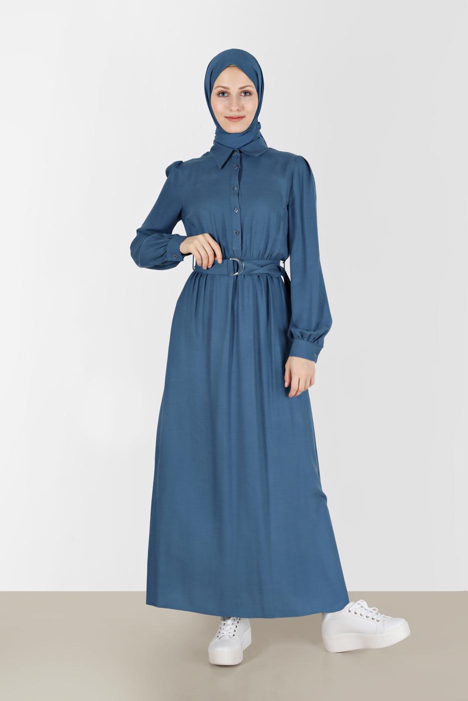 Tesettür giyim YEŞİL ALVİNA GÖMLEK YAKA ELBİSE T 42268-1