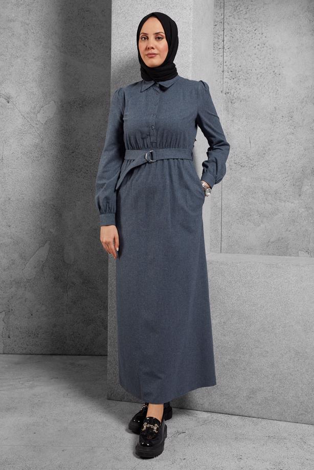 Tesettür giyim LACİVERT ALVİNA KEMERLİ GÖMLEK YAKA ELBİSE T 42268 - TRENDTESETTÜR