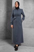 Tesettür giyim LACİVERT ALVİNA KEMERLİ GÖMLEK YAKA ELBİSE T 42268