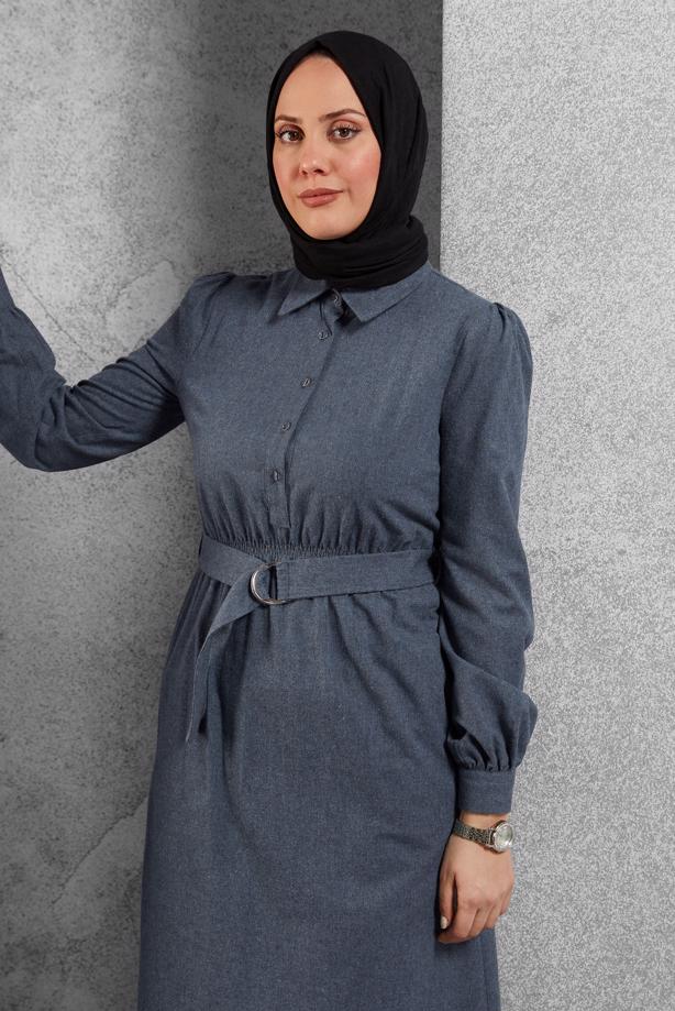 Tesettür giyim LACİVERT ALVİNA KEMERLİ GÖMLEK YAKA ELBİSE T 42268 - TRENDTESETTÜR