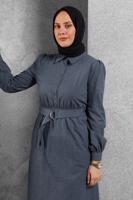 Tesettür giyim LACİVERT ALVİNA KEMERLİ GÖMLEK YAKA ELBİSE T 42268
