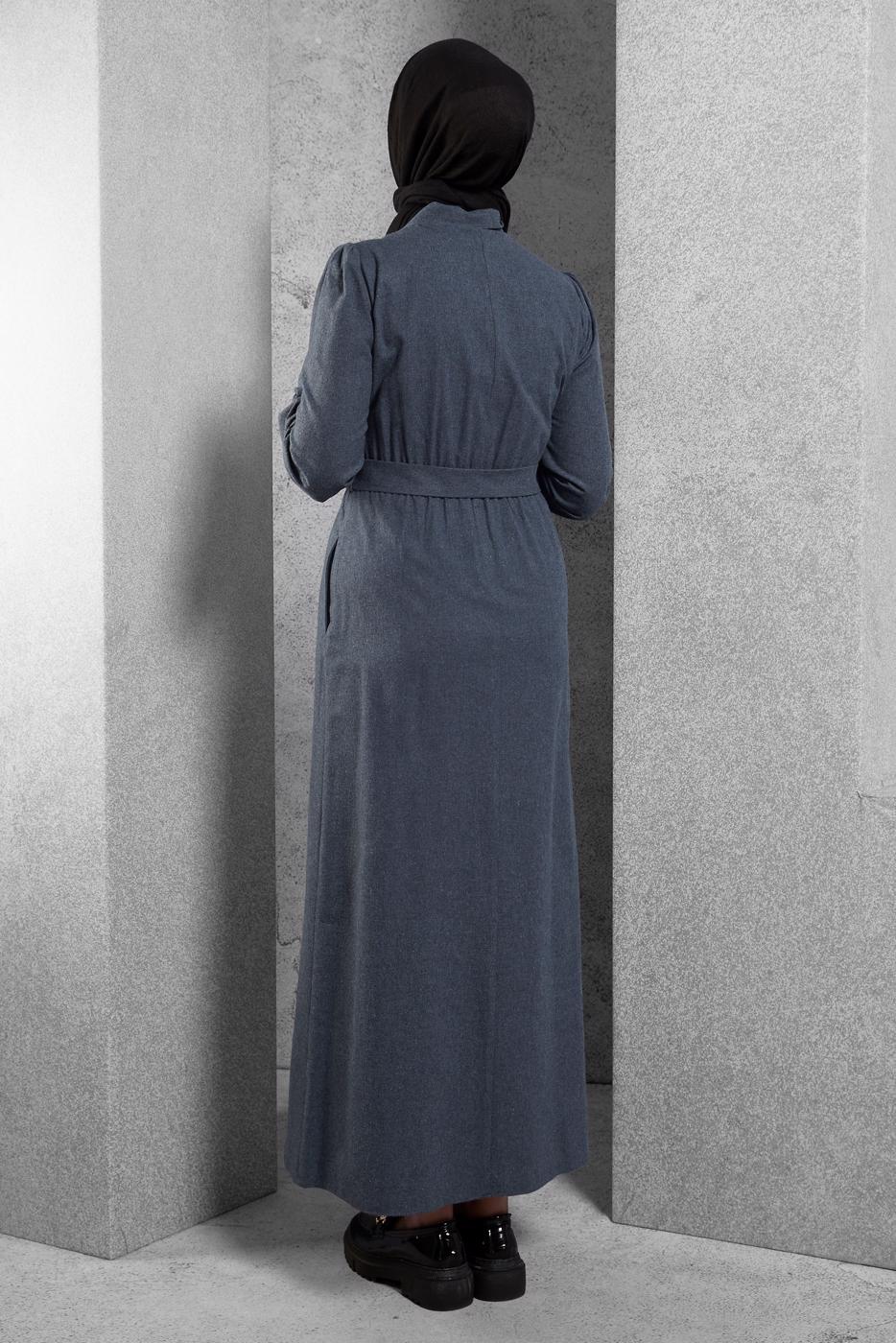 Tesettür giyim LACİVERT ALVİNA KEMERLİ GÖMLEK YAKA ELBİSE T 42268