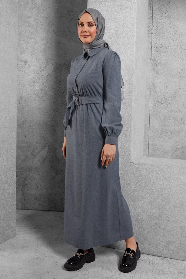 Tesettür giyim MAVİ ALVİNA KEMERLİ GÖMLEK YAKA ELBİSE T 42268 - TRENDTESETTÜR