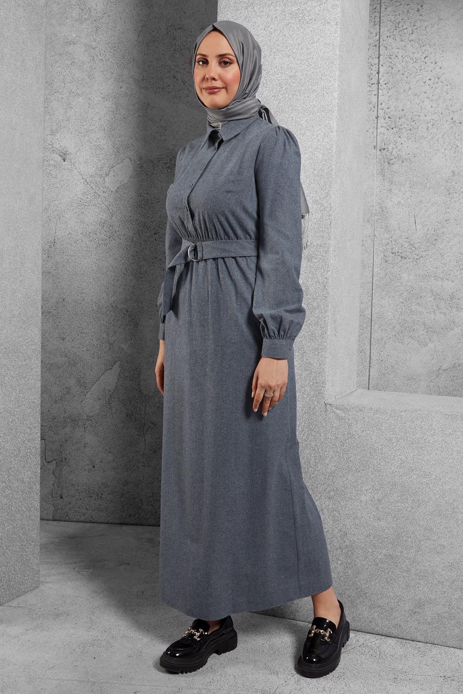 Tesettür giyim MAVİ ALVİNA KEMERLİ GÖMLEK YAKA ELBİSE T 42268