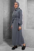 Tesettür giyim MAVİ ALVİNA KEMERLİ GÖMLEK YAKA ELBİSE T 42268