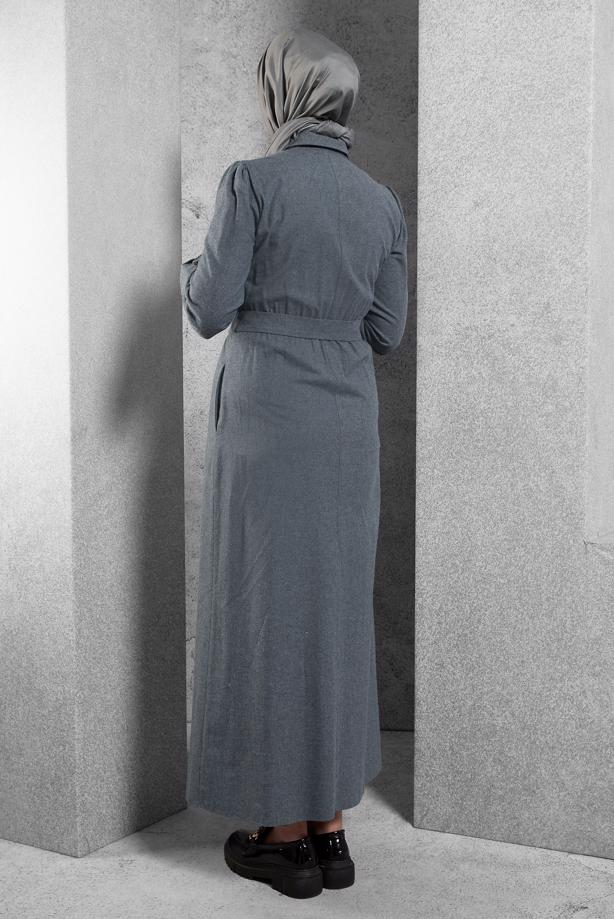 Tesettür giyim MAVİ ALVİNA KEMERLİ GÖMLEK YAKA ELBİSE T 42268 - TRENDTESETTÜR