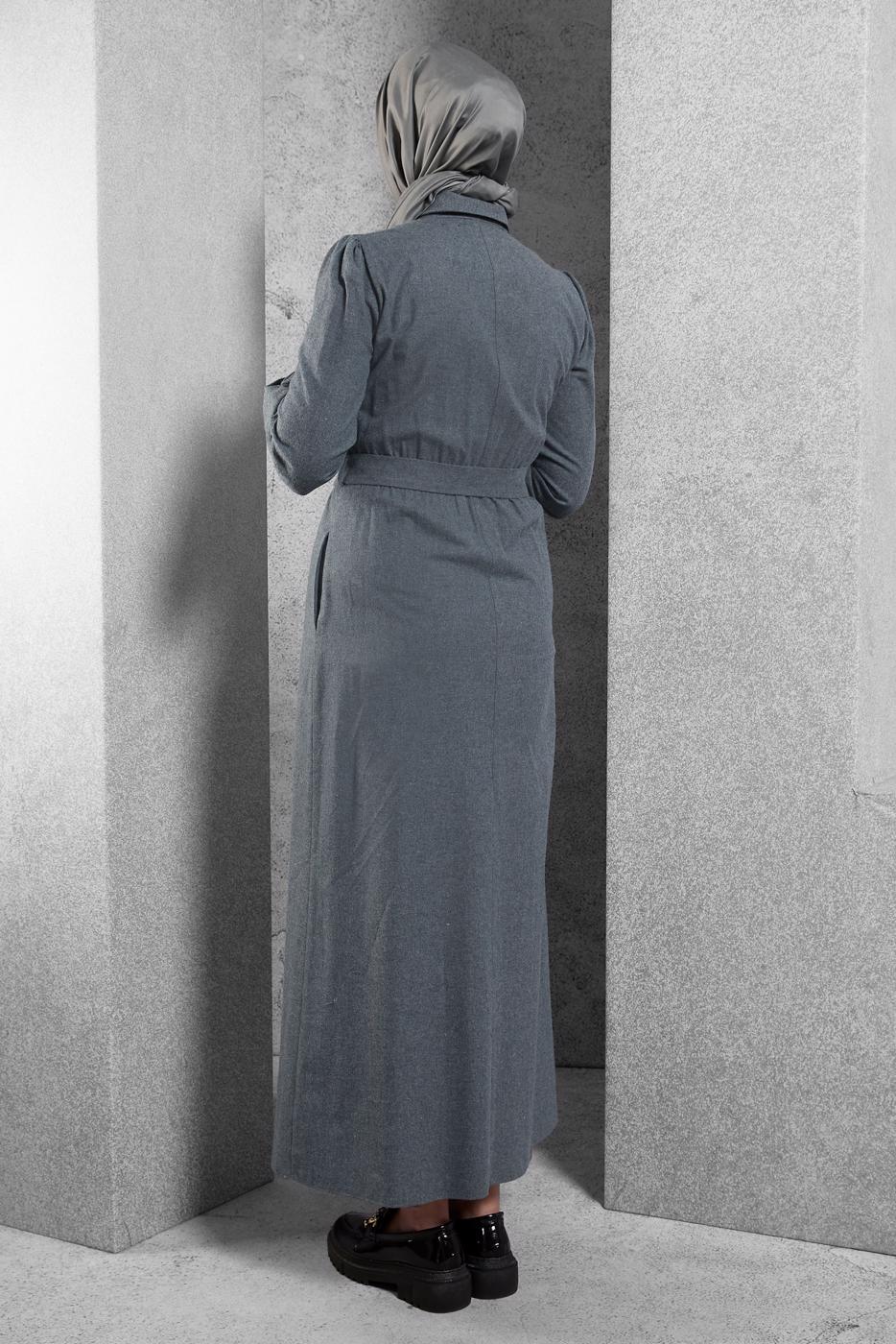 Tesettür giyim MAVİ ALVİNA KEMERLİ GÖMLEK YAKA ELBİSE T 42268