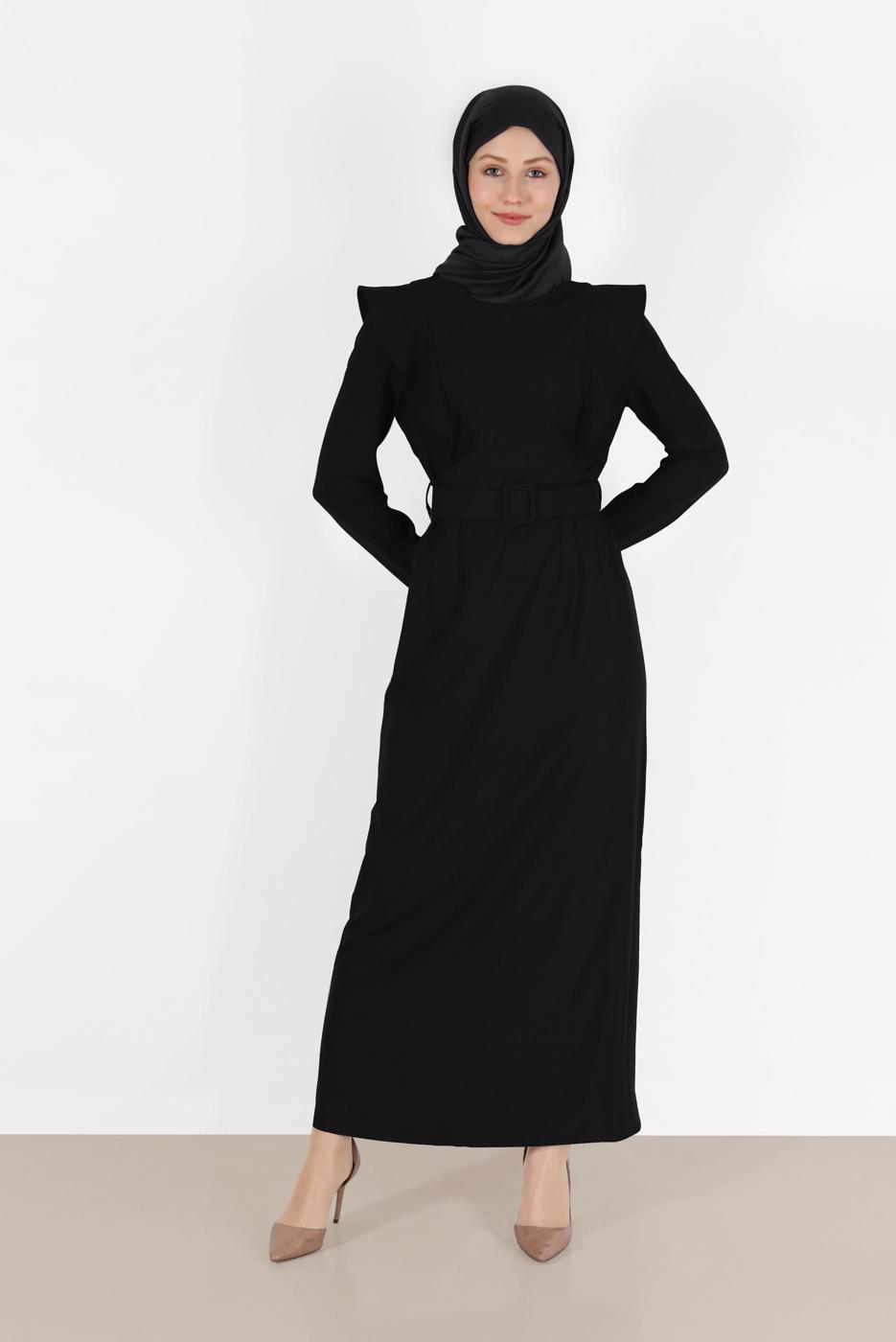 Tesettür giyim SİYAH ALVİNA VATKA DETAYLI ELBİSE T 42367