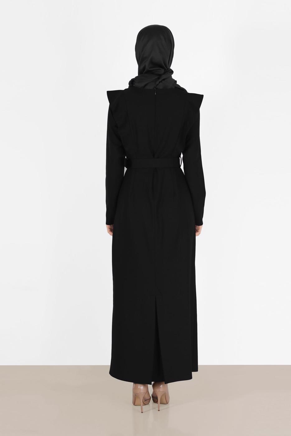 Tesettür giyim SİYAH ALVİNA VATKA DETAYLI ELBİSE T 42367