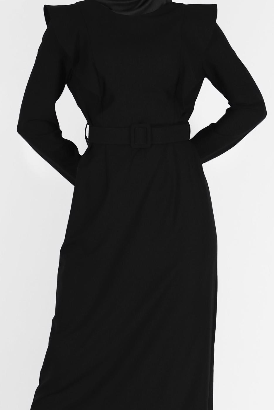 Tesettür giyim SİYAH ALVİNA VATKA DETAYLI ELBİSE T 42367