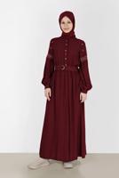 Tesettür giyim BORDO ALVİNA NAKIŞ DETAYLI ELBİSE T 42387
