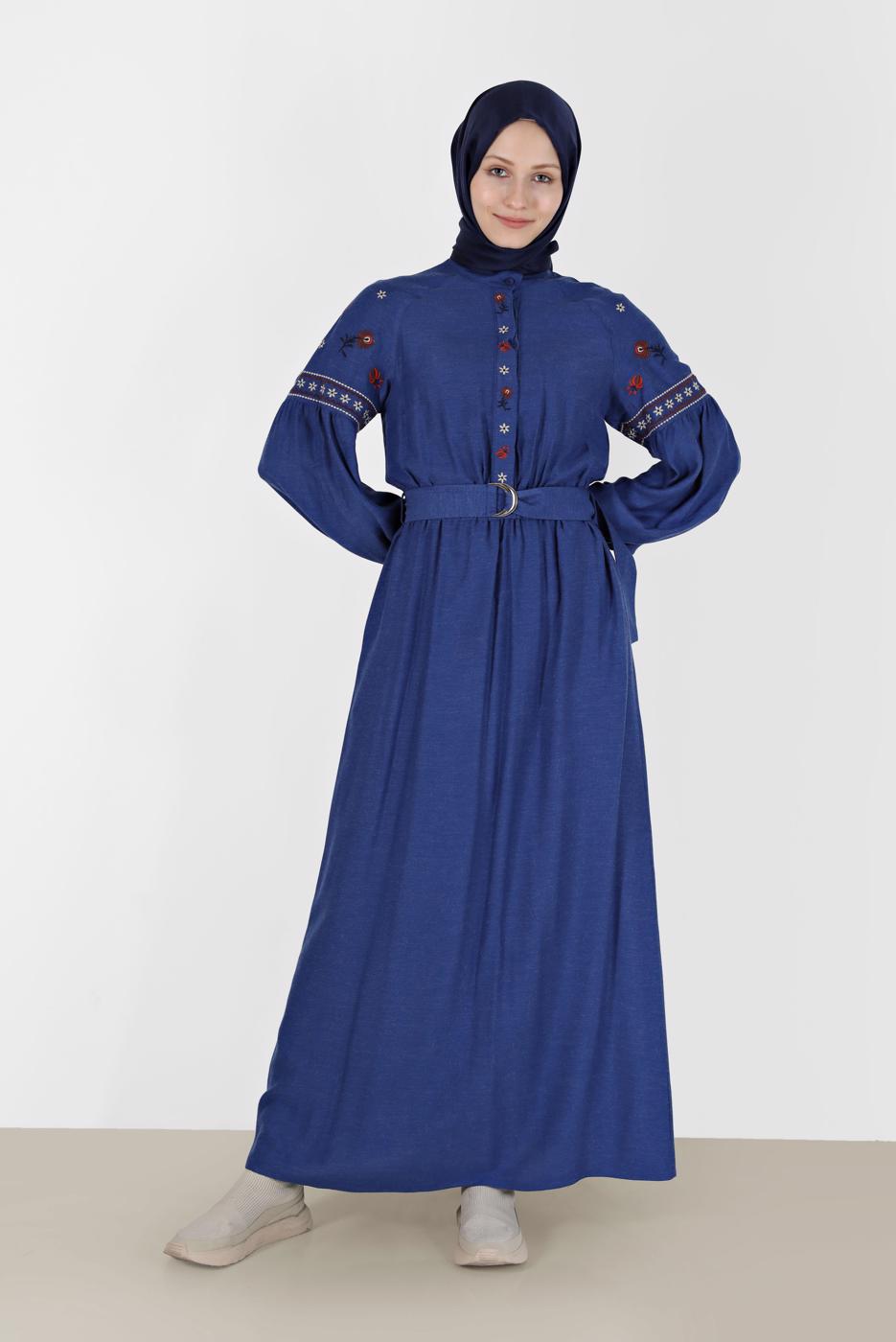 Tesettür giyim LACİVERT ALVİNA NAKIŞ DETAYLI ELBİSE T 42387