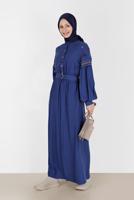 Tesettür giyim LACİVERT ALVİNA NAKIŞ DETAYLI ELBİSE T 42387