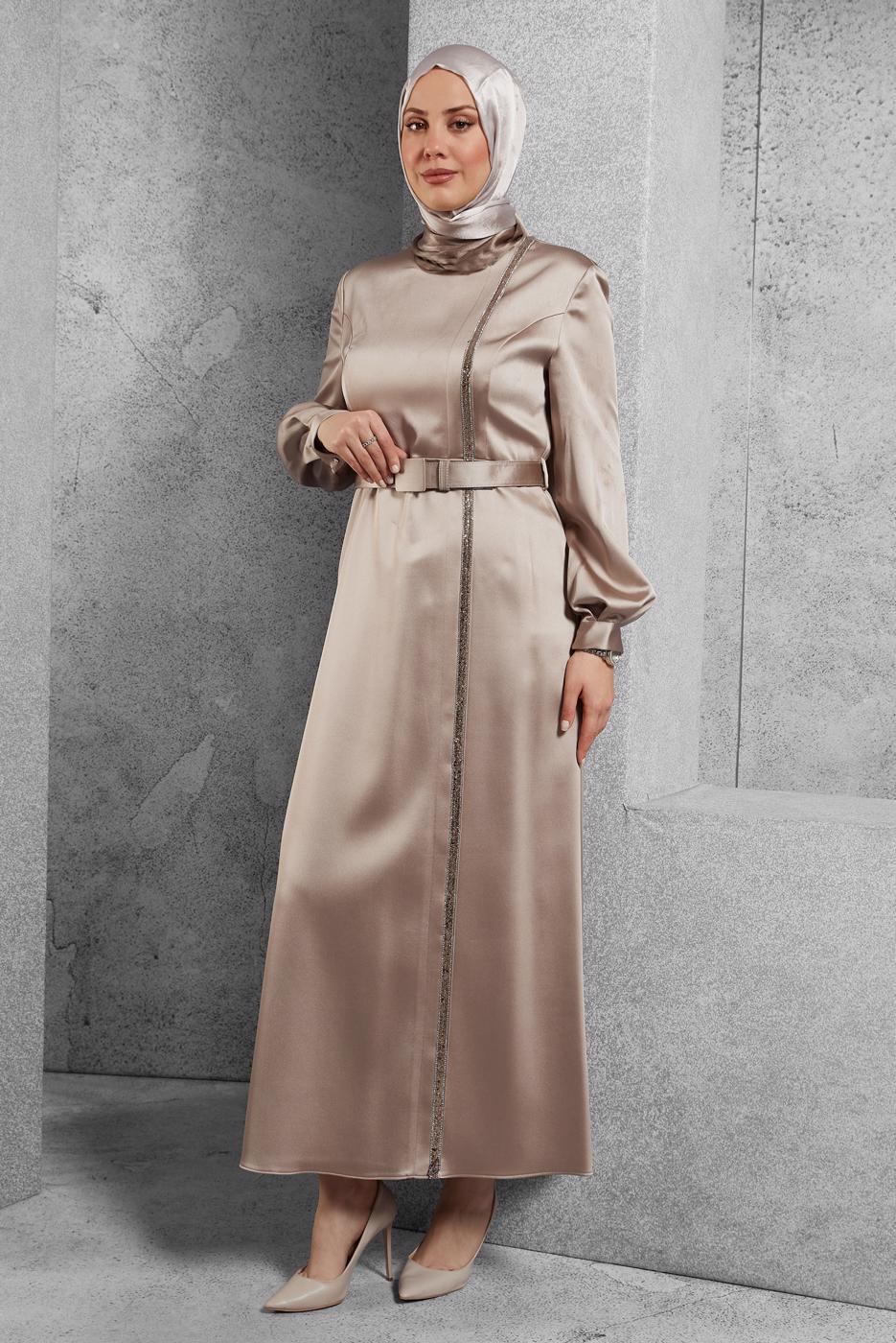 Tesettür giyim BEJ ALVİNA SATEN ELBİSE T 42417