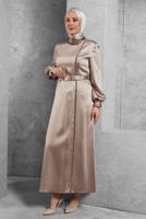 Tesettür giyim BEJ ALVİNA SATEN ELBİSE T 42417