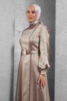 Tesettür giyim BEJ ALVİNA SATEN ELBİSE T 42417