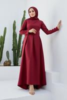 Tesettür giyim BORDO PİLE DETAYLI ELBİSE 50001