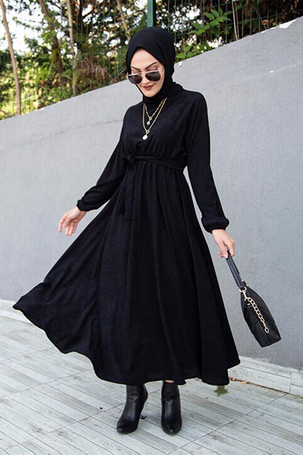 Tesettür giyim  BELİ BÜZGÜLÜ MANŞETLERİ LASTİKLİ ELBİSE T 6066 - TRENDTESETTÜR